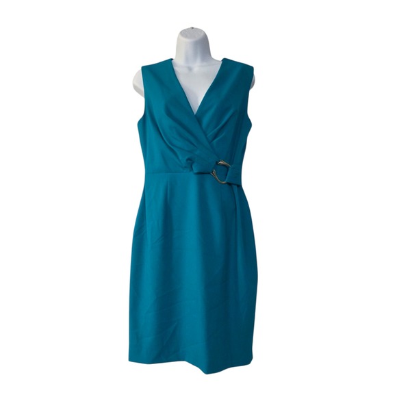 Calvin Klein Bodycon Dress Womens Teal Blue P Neck Wrap Silver Tone Hardware Zip - Picture 1 of 11